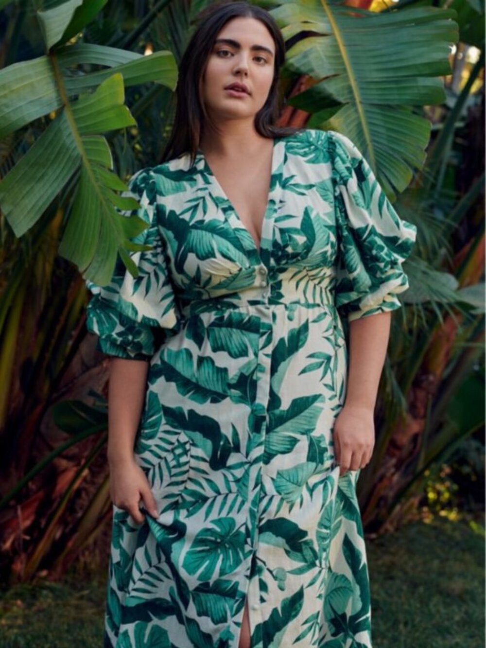 Johanna Ortiz x H&M linen blend botanical palm leaves button-up midi dress large